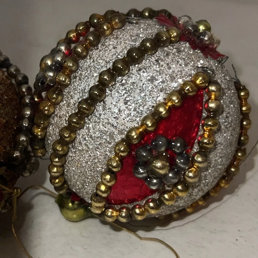 Vintage Mercury glass Beaded Sequined Christmas Ornaments Set balls